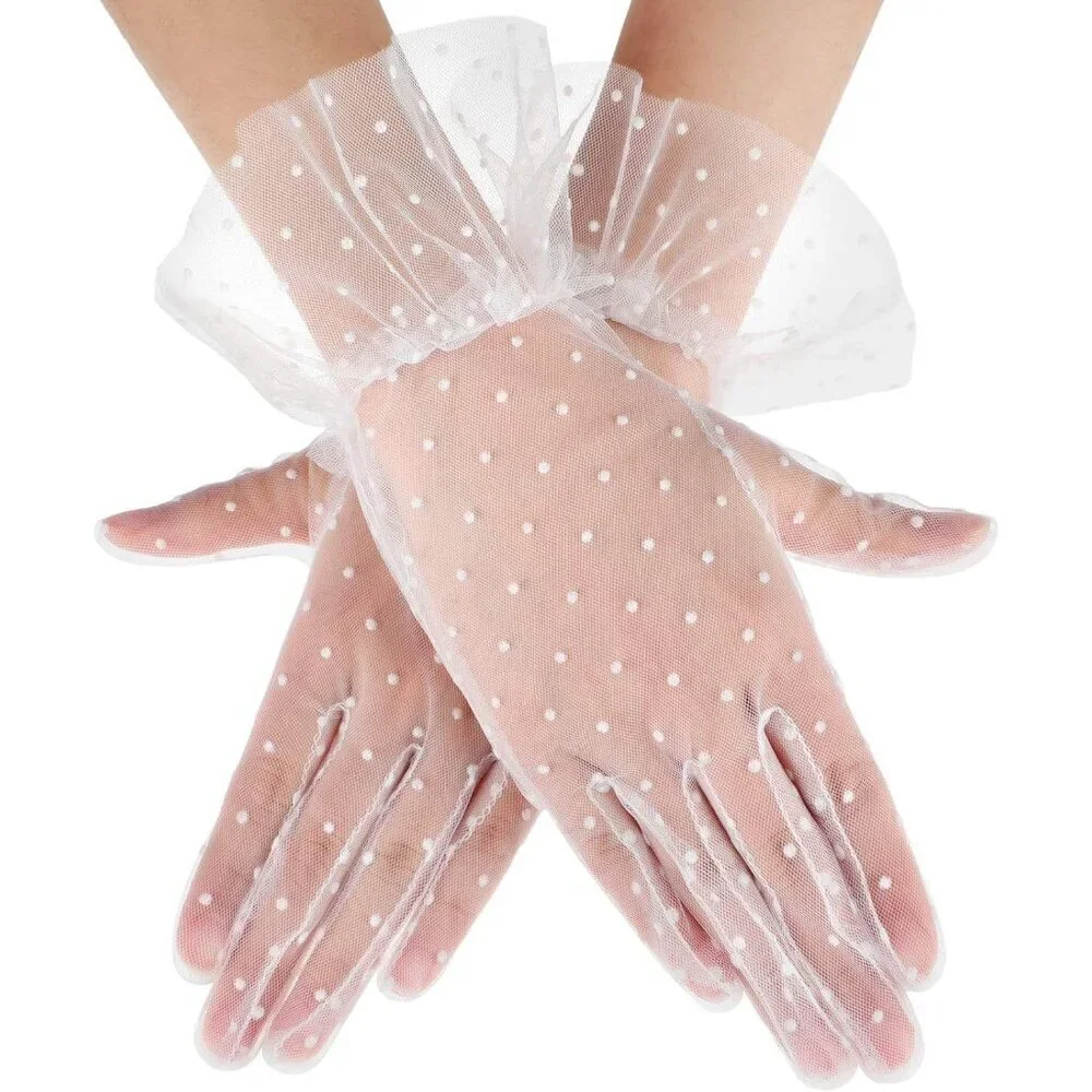 Women's Evening White Elegant Polka Dot Mitten Lace Gloves Party Tea Accessories